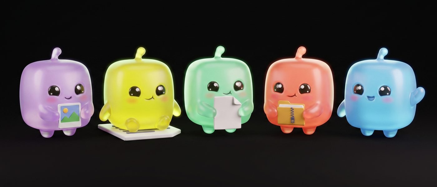 The Squish family: Lilac, Sunny, Squish, Peachy and Bluey
