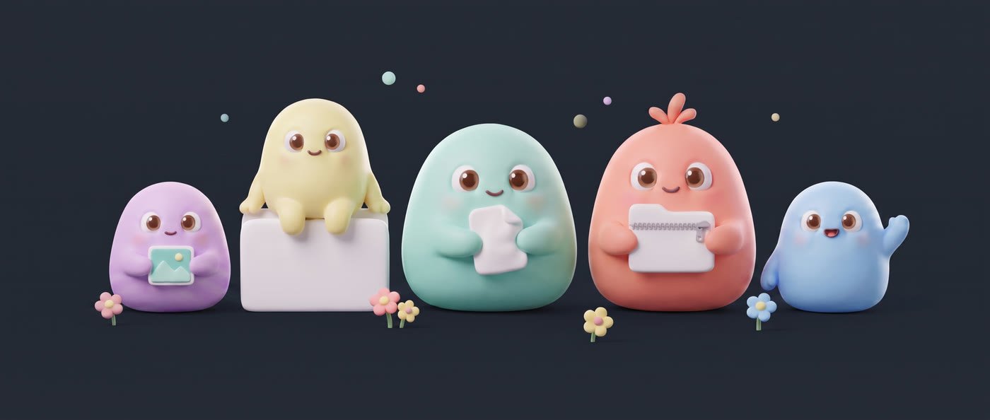 La familia Squish: Lila, Sol, Squish, Melo y Azulito